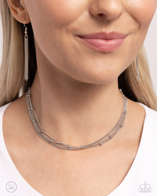 Satellite Strands - Silver Satellite Chains Paparazzi Choker Necklace & matching earrings