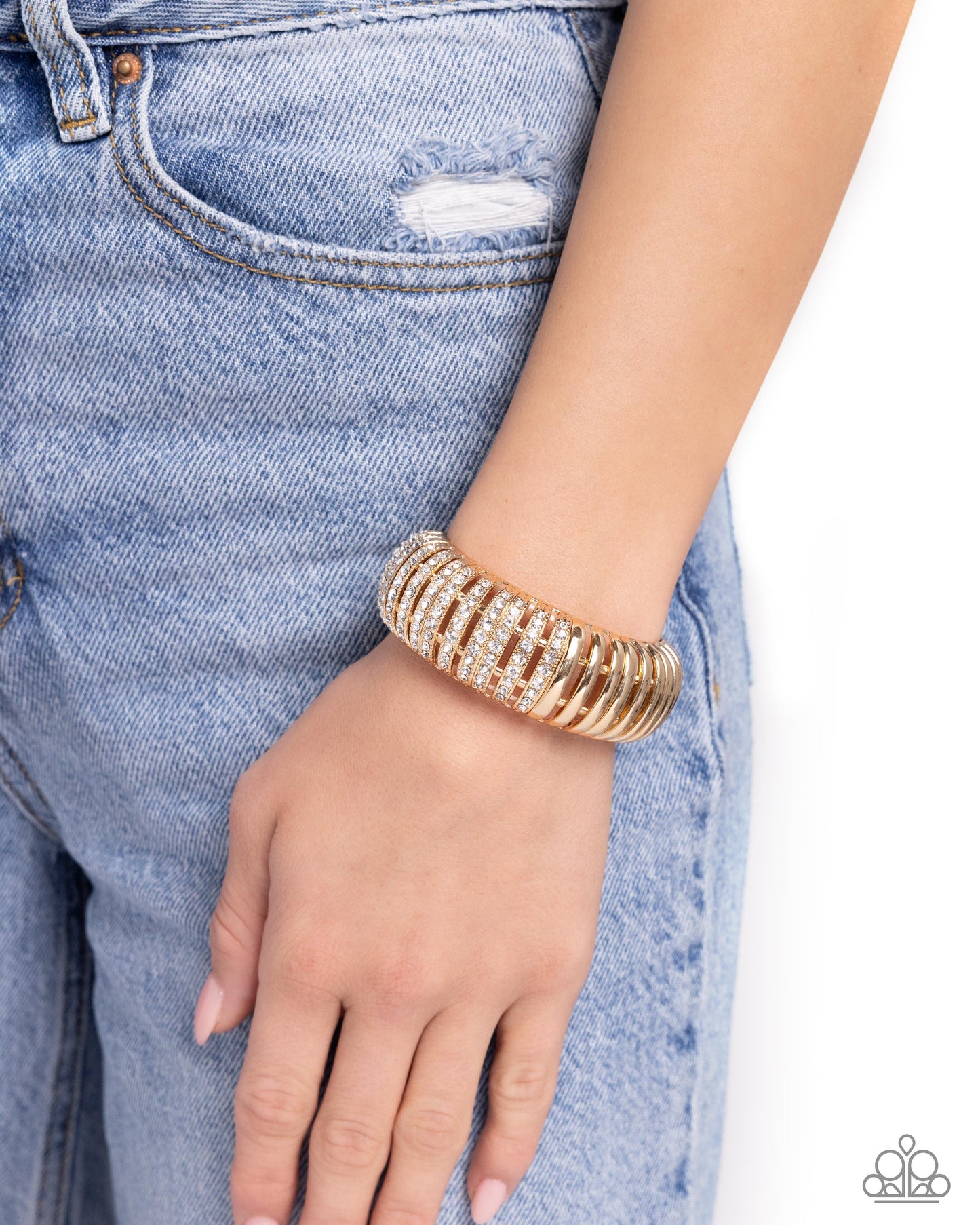 Appealing A-Lister - Gold Curved Bars/White Gems Paparazzi Stretch Bracelet