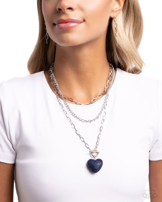 HEART Gallery - Blue Beaded Heart Charm/Mismatched Silver Chain Paparazzi Necklace & matching earrings