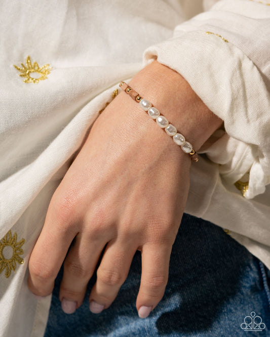 Wild Whimsicality - Brown Stones, Ivory Seed Beads, White Pearls, & Gold Beaded Paparazzi Stretch Bracelet