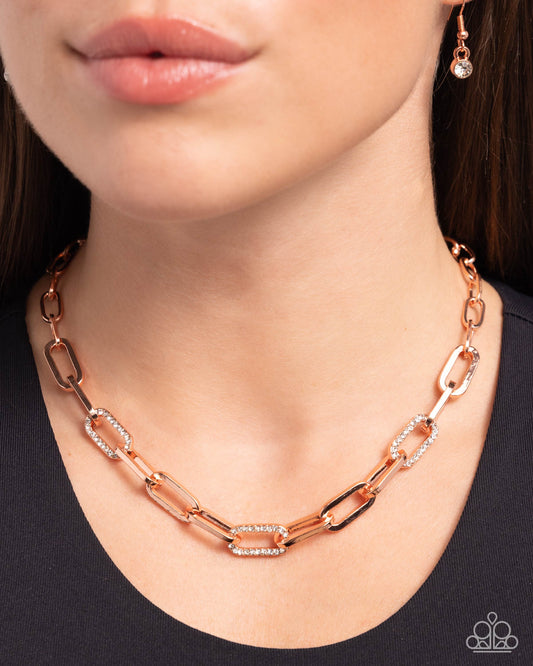 Understated Shimmer - Copper Paperclip Chain/White Rhinestones Paparazzi Necklace & matching earrings