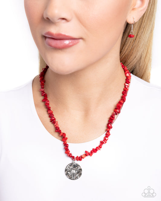 Longhorn Leader - Red Chiseled Stones/Silver Longhorn Skull Pendant Paparazzi Necklace & matching earrings