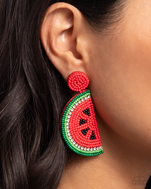 Watermelon Welcome - Red Seed Bead Watermelon Paparazzi Earrings