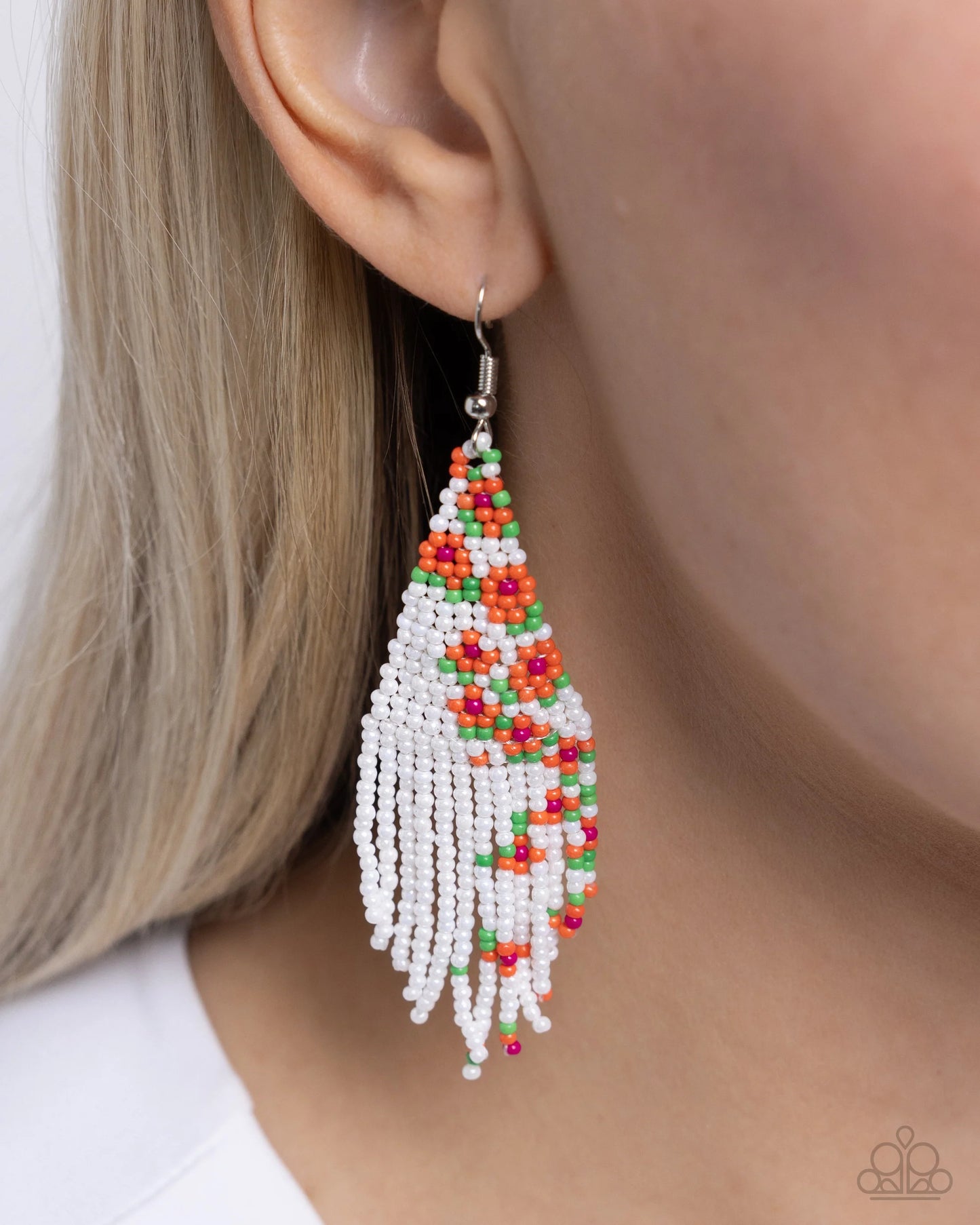 Picturesque Patchwork - Orange, White, Green, & Fuchsia Seed Bead Paparazzi Earrings