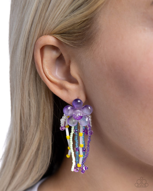 Japanese Blossoms - Purple Acrylic Flower & Multicolored Beaded Paparazzi Earrings