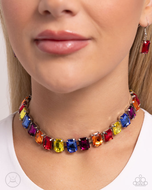 Ecstatic Emeralds - Multicolored Emerald-Cut Gem Paparazzi Choker Necklace & matching earrings