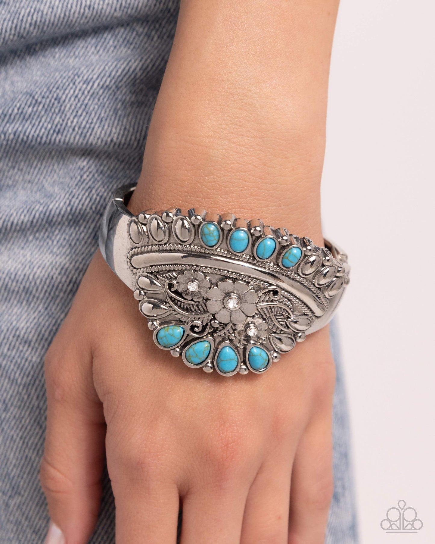 Artisan Age - Blue/Turquoise Stones, Embossed Floral Detail Paparazzi Hinge Bracelet