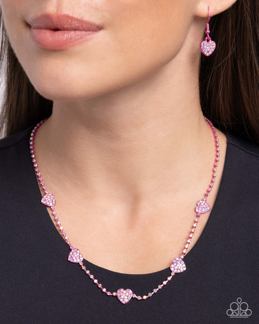 Homecoming Hearts - Pink Metallic Hearts/Iridescent Rhinestone Chain Paparazzi Necklace & matching earrings