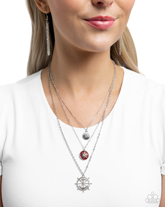 Anchor Arrangement - Red/Silver Coastal Pendants Paparazzi Necklace & matching earrings