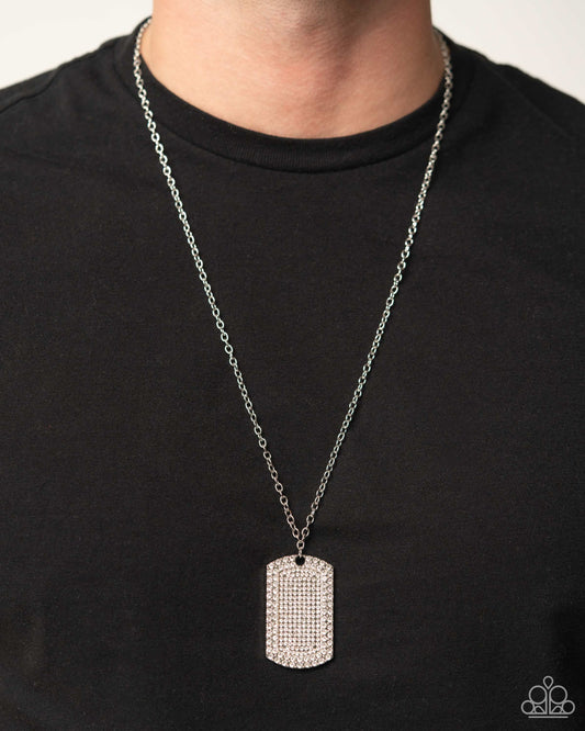 Animated Army - White Rhinestones/Silver Army Tag Pendant Paparazzi Necklace