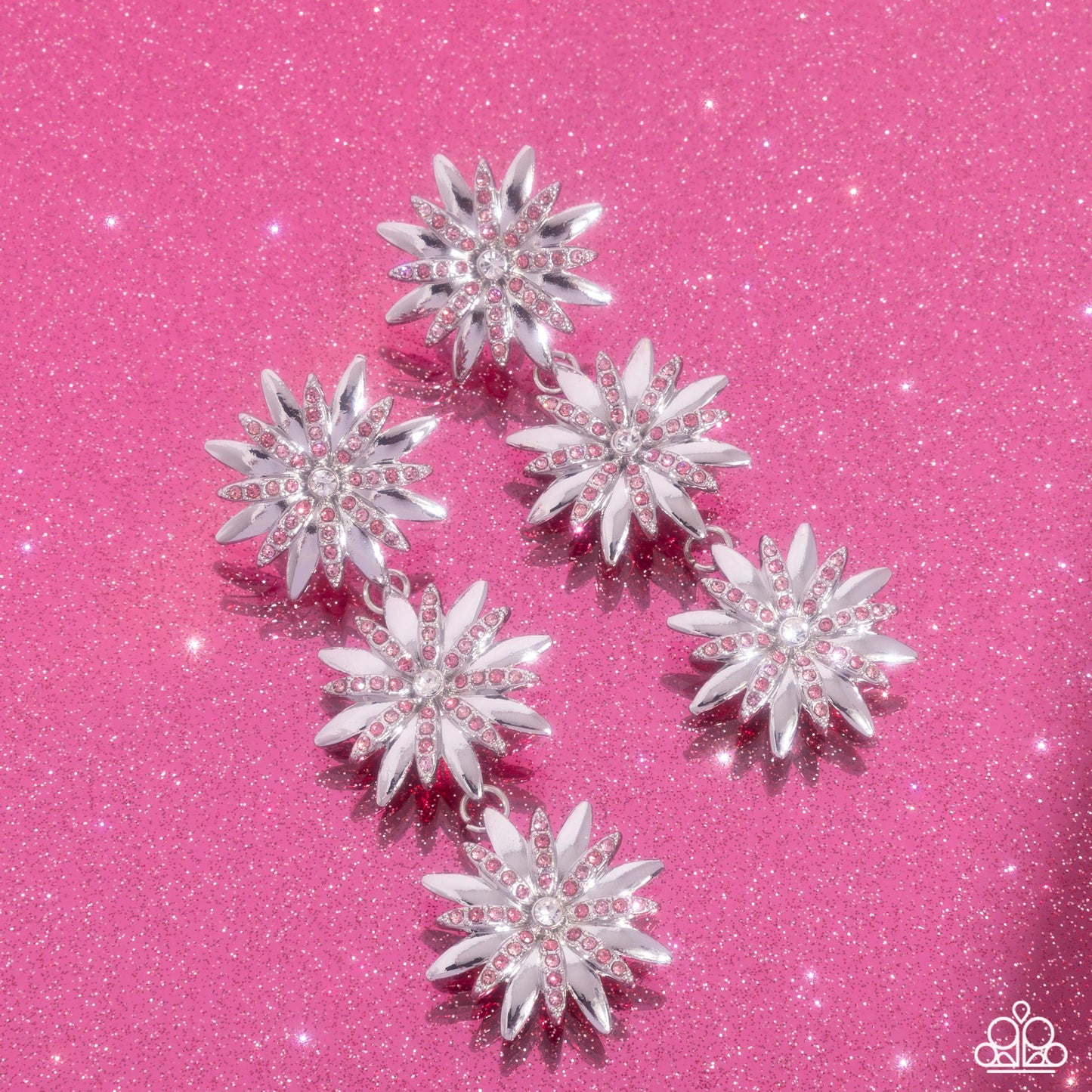 Petaled Princess - Pink Rhinestones/3-D Silver Flowers Paparazzi Earrings