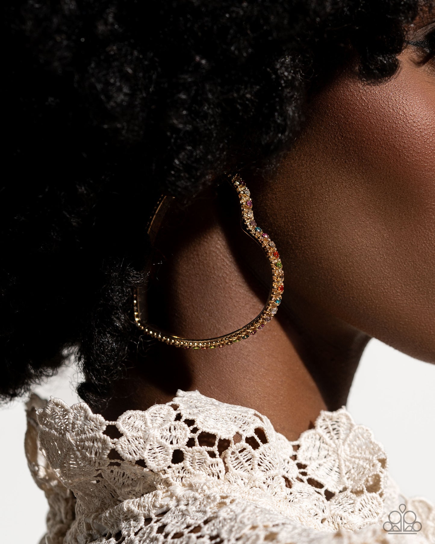 Halftime Hearts - Multicolored RhinestonesGold Oversized Heart Paparazzi Hoop Earrings