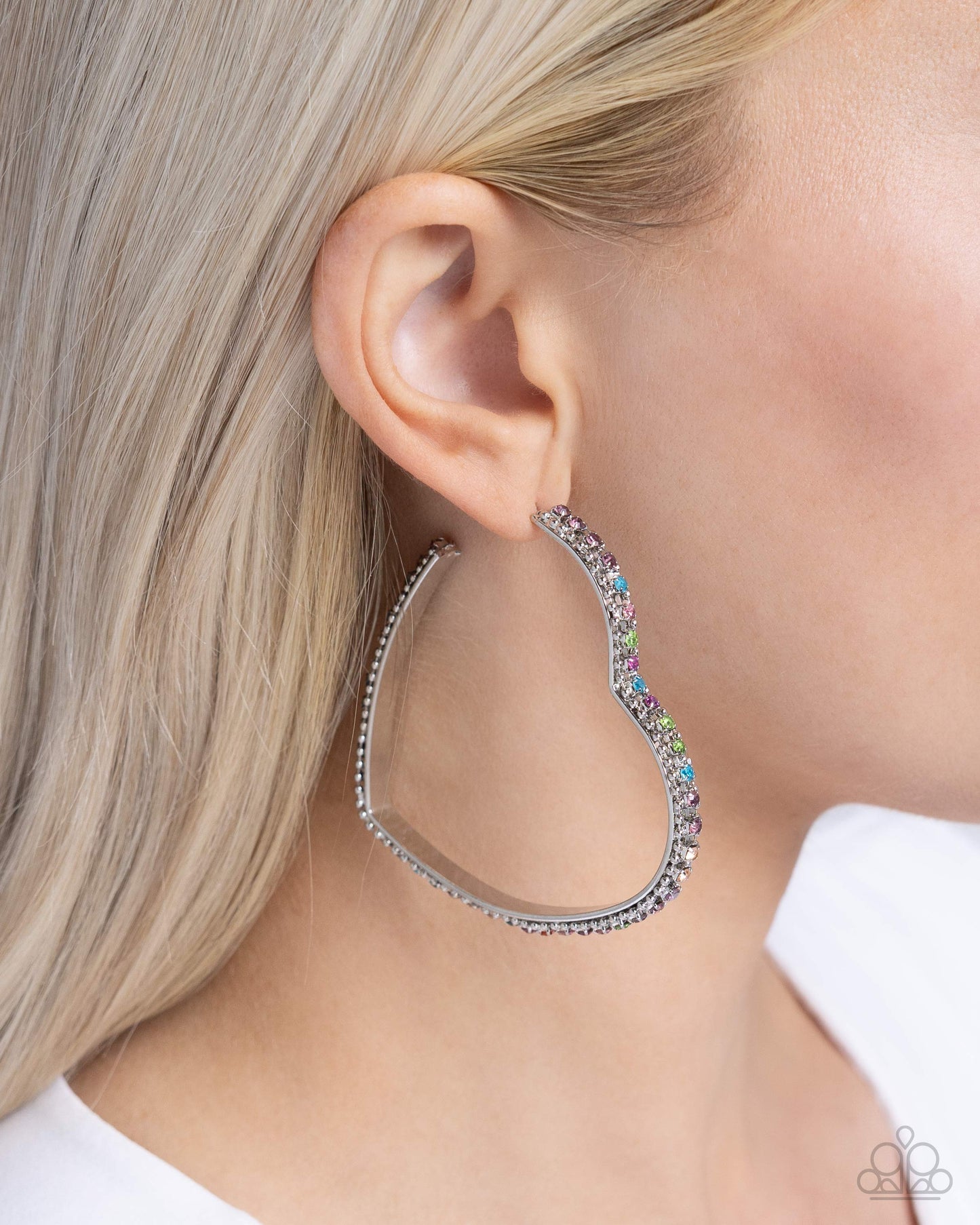 Halftime Hearts - Multicolored Rhinestones/Silver Heart Hoop Paparazzi Earrings