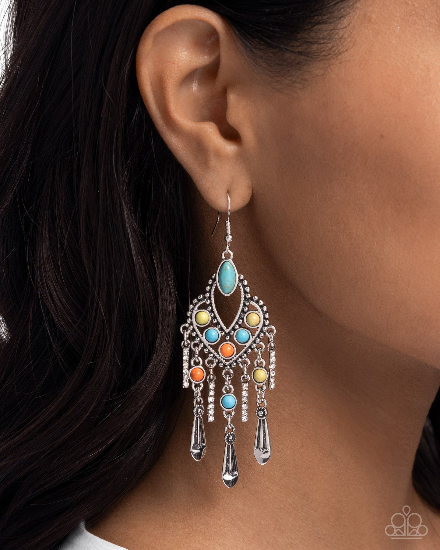 Naturally Vintage - Multicolored Stones & Silver Bar Fringe Paparazzi Earrings