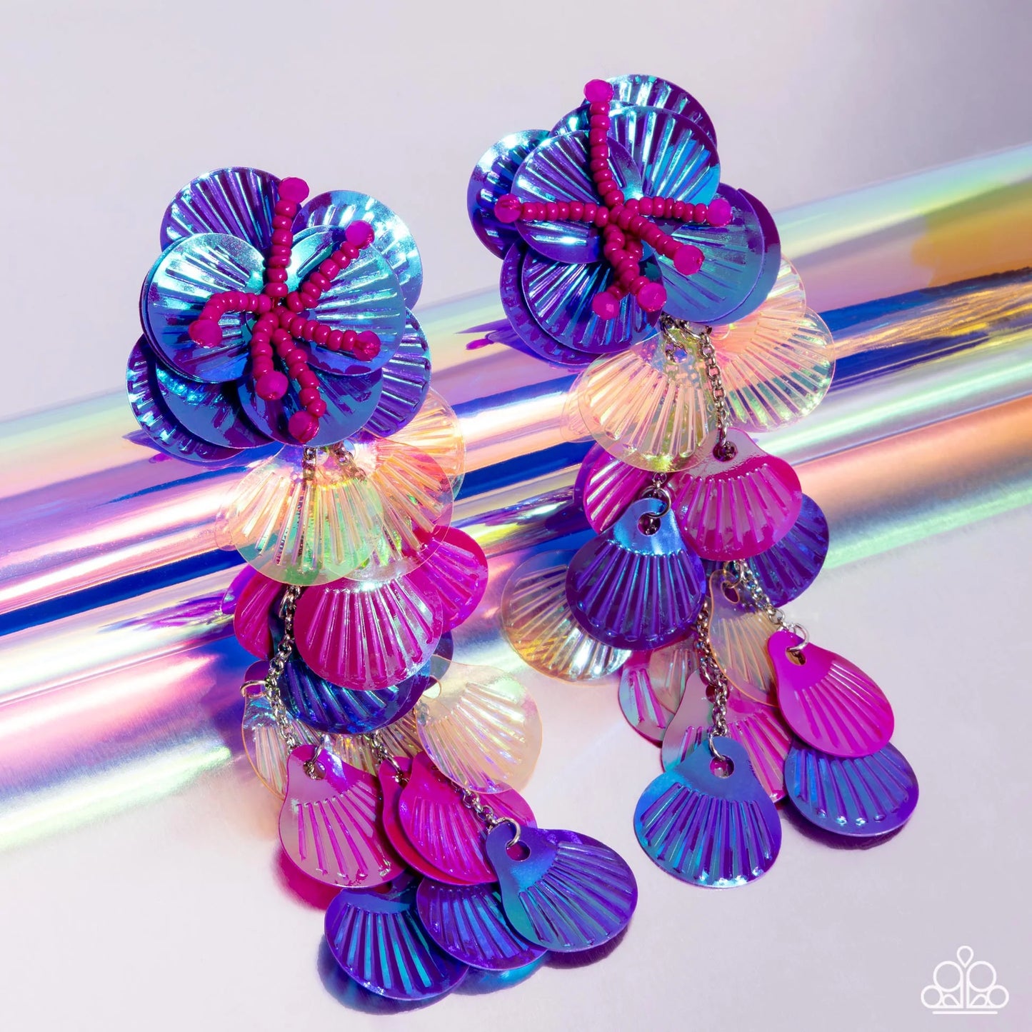 Under the Waves - Purple, Pink, Orange Shell-Like Sequins Paparazzi Earrings