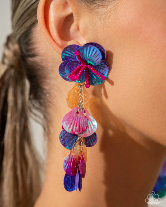Under the Waves - Purple, Pink, Orange Shell-Like Sequins Paparazzi Earrings