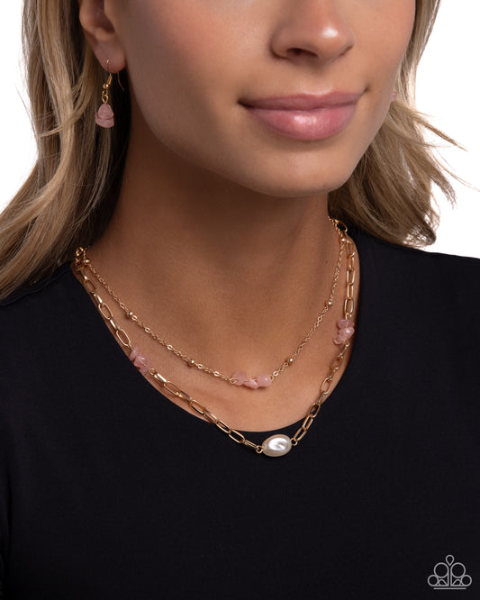 Santa Fe Surprise - Pink Chiseled Stones/White Baroque Pearls/Gold Paperclip Chain Paparazzi Necklace & matching earrings