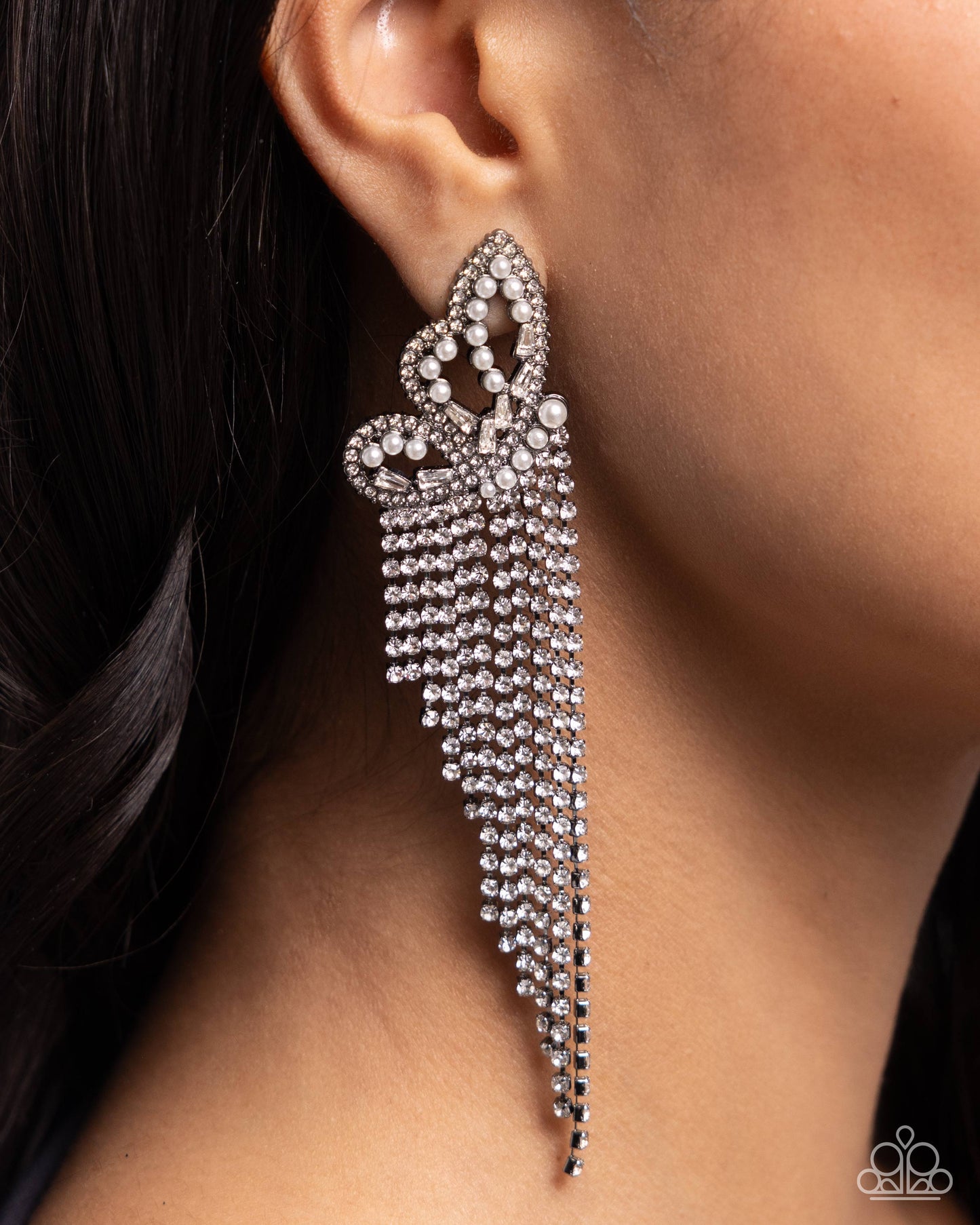 Aerial Accent - Gunmetal Butterfly Frame, White Rhinestones, & White Pearls Paparazzi Earrings
