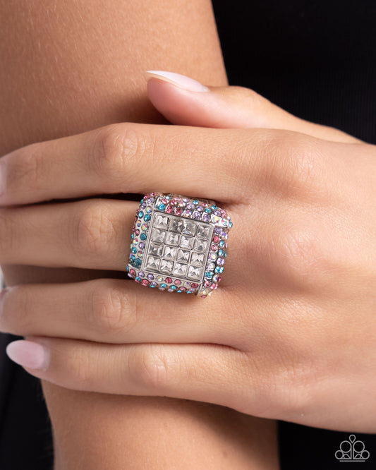 Medium SQUARE - Multicolored Rhinestones & White Square Cut Gems Paparazzi Ring