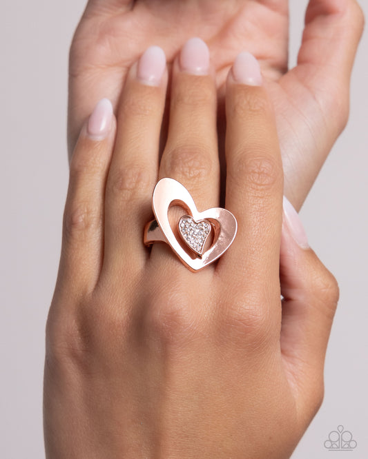 Abstract Amor - Copper Abstract Heart/White Rhinestones Paparazzi Ring