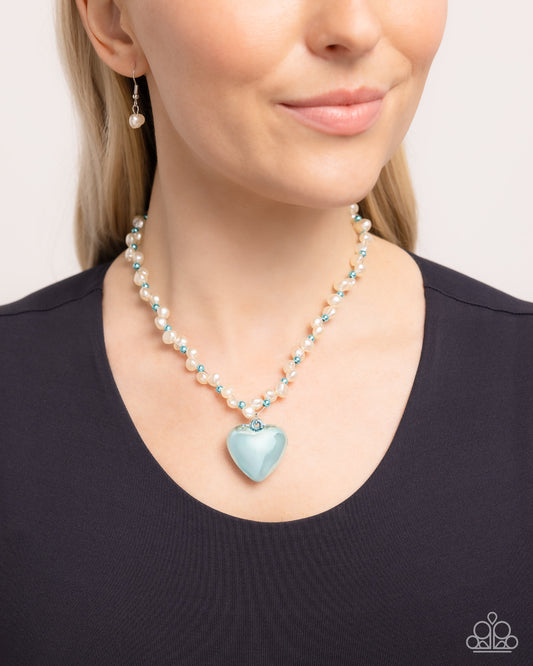Mermaid Model - Blue Metallic Heart Pendant/White Pearls Paparazzi Necklace & matching earrings