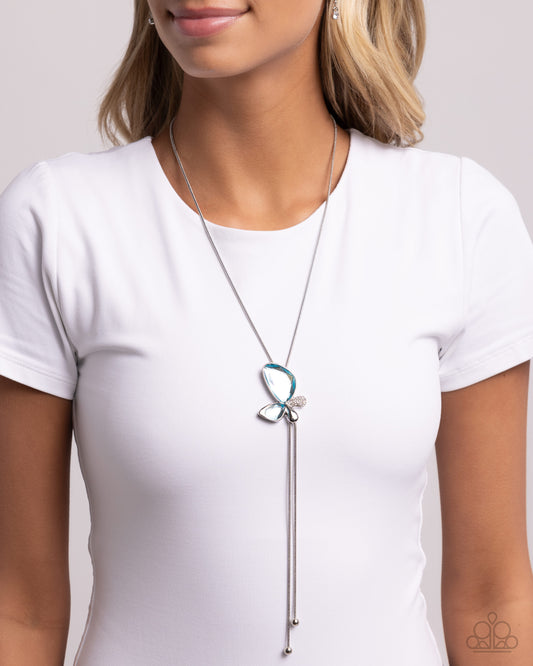 Focused Flutter - Blue Gem/White Rhinestone/Silver Abstract Butterfly Adjustable Pendant Paparazzi Necklace & matching earrings