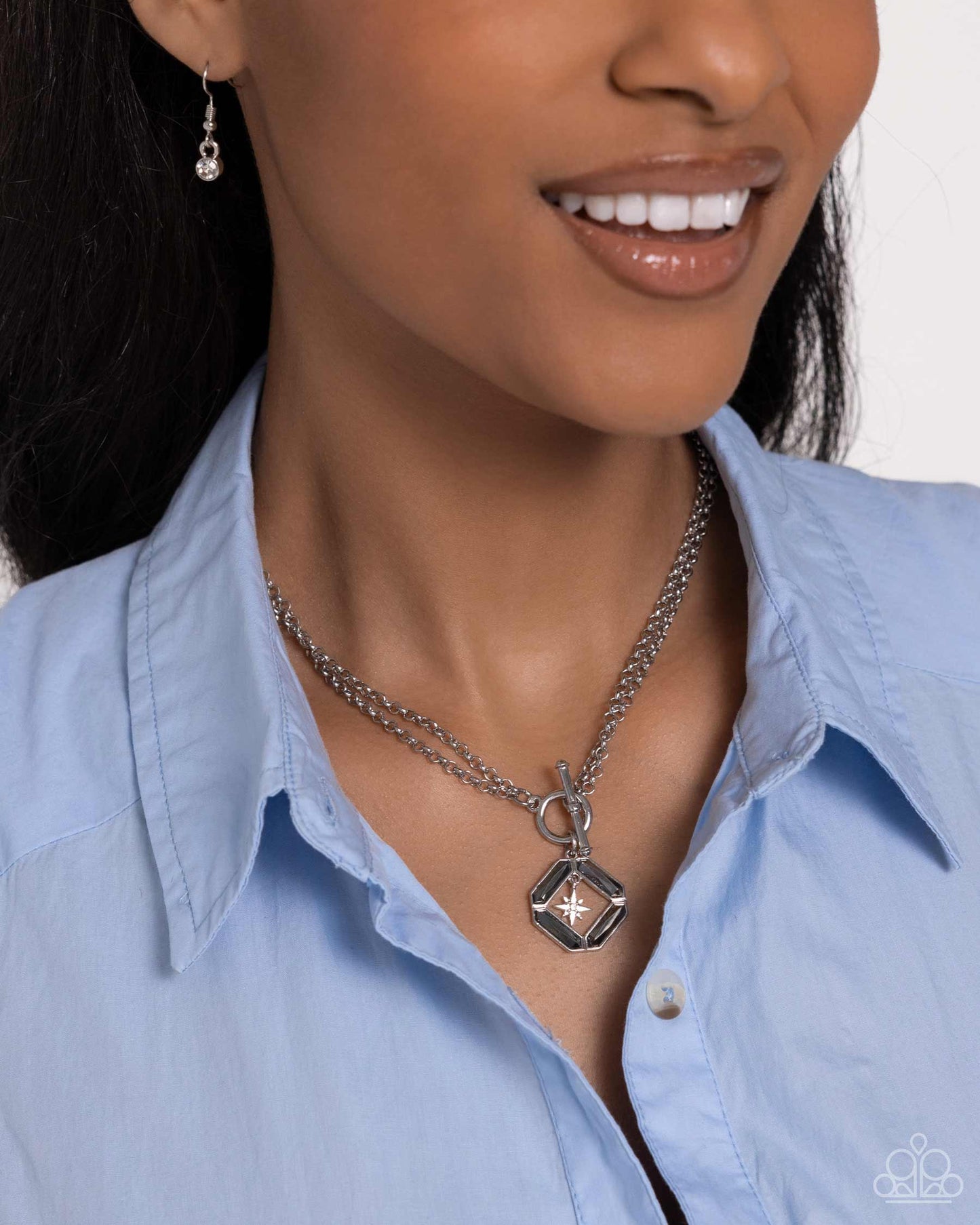 Compass Cadenza - Silver Star/Smoky Gems Pendant Paparazzi Necklace & matching earrings