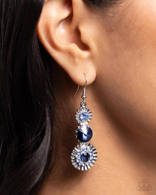 Dedicated Dalliance - Blue Rhinestone Embellished Sunburst-Inspired Frame Paparazzi Earrings