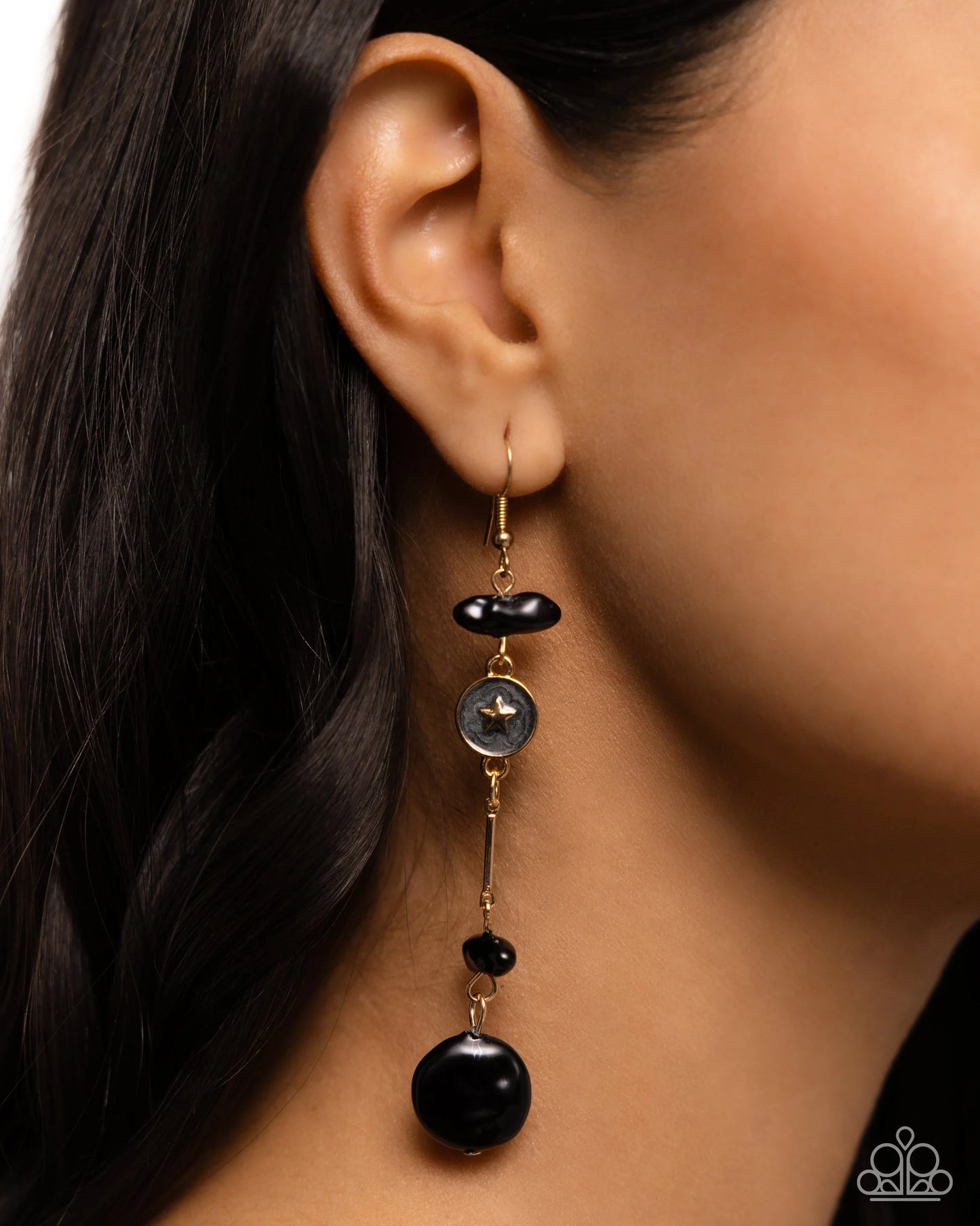 Blissful Balance - Black Pearls/Gold Bars/Gold Moon Paparazzi Earrings