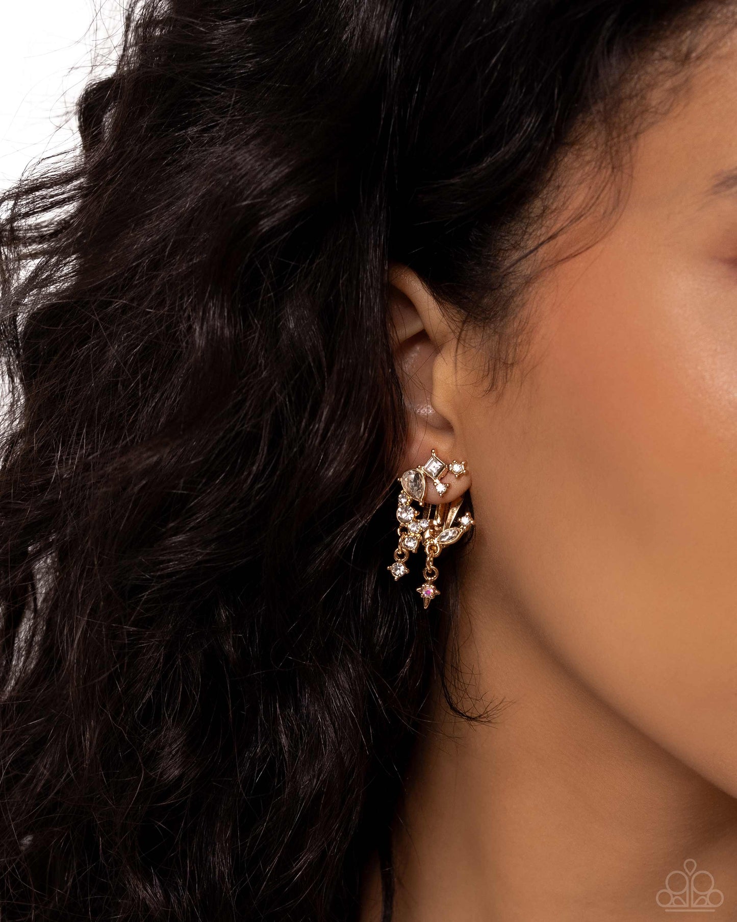 Fantastical Fashion - Gold & White Rhinestone Crescent Moon Paparazzi CLIP-ON Earrings