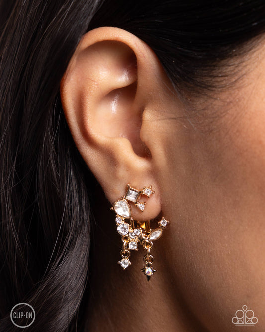 Fantastical Fashion - Gold & White Rhinestone Crescent Moon Paparazzi CLIP-ON Earrings