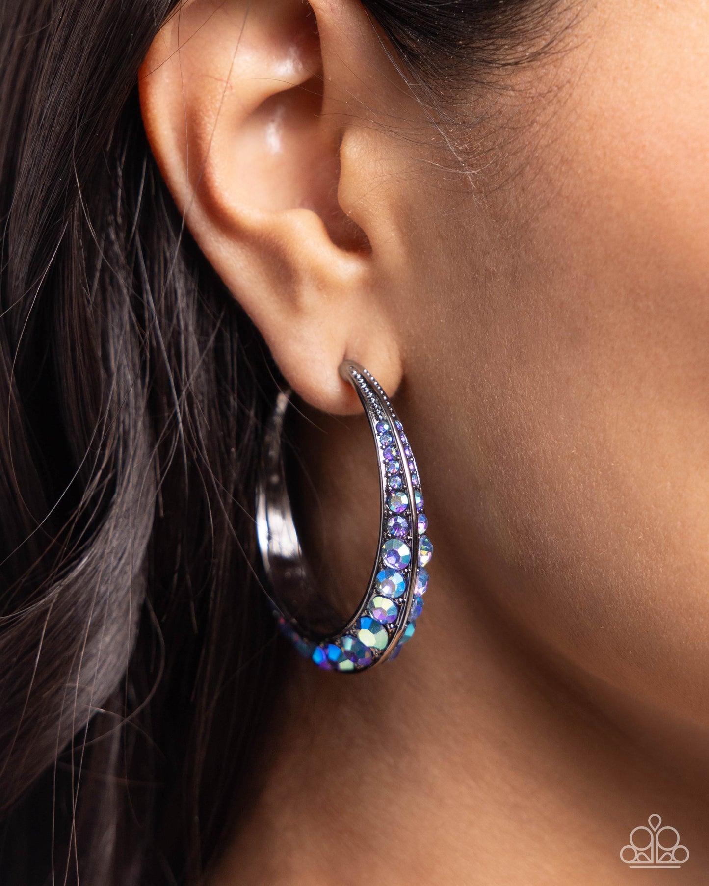 Embedded Edge - Blue Iridescent Rhinestone Encrusted Gunmetal Paparazzi Hoop Earrings