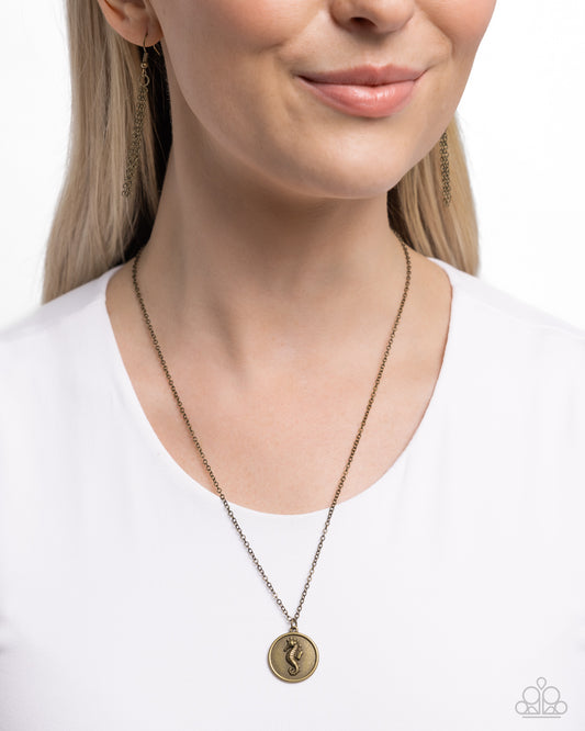 Seahorse Solo - Brass Seahorse Pendant Paparazzi Necklace & matching earrings