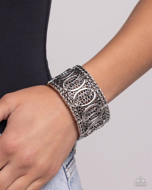 Forged Fashion - Black Rhinestones & Silver Chain Paparazzi Stretch Bracelet