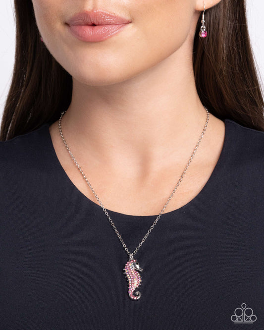Seahorse Sailor - Pink Iridescent Rhinestone Embellished Silver Seahorse Pendant Paparazzi Necklace & matching earrings