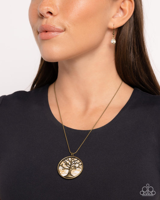Tree Talisman - Brass Tree/White Stone Pendant Paparazzi Necklace & matching earrings