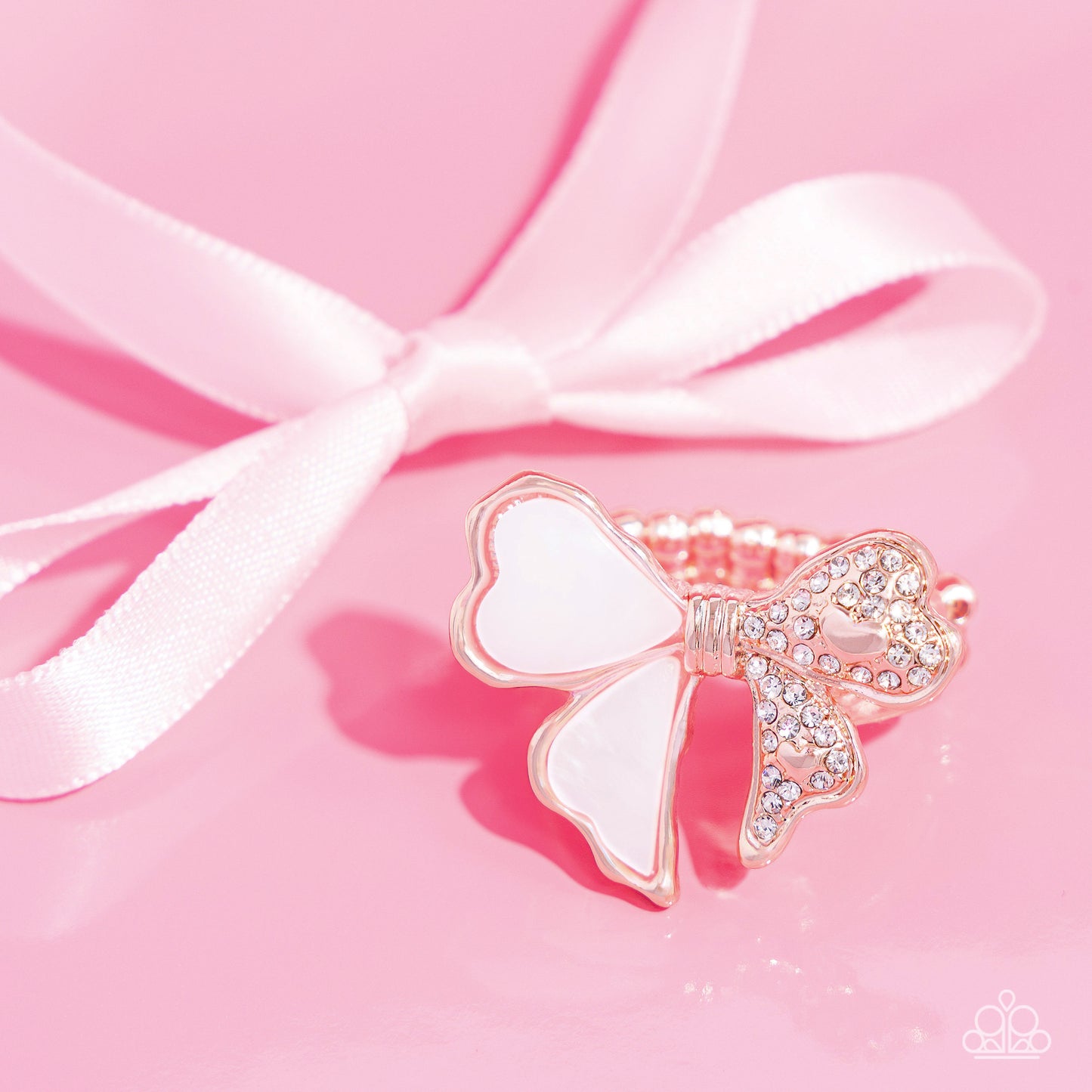 BOW-stopper - Rose Gold Bow/White Shells/White Rhinestones Paparazzi Ring