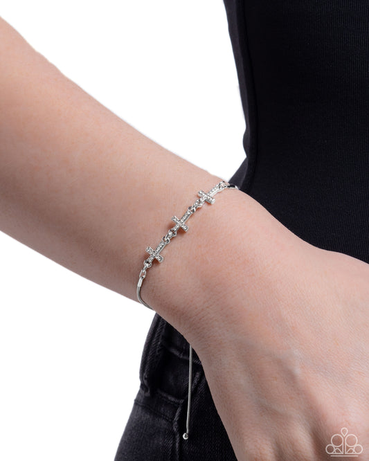Holy Order - White Rhinestone Encrusted Crosses/Silver Snake Chain Paparazzi Urban Bracelet