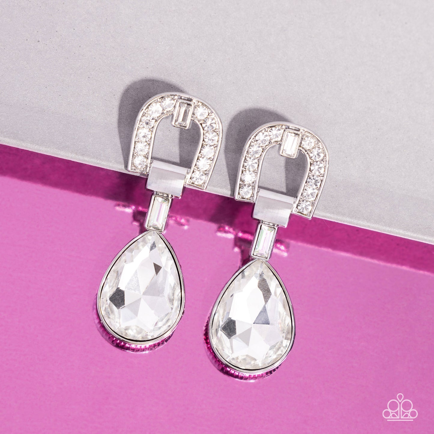 In ARCHING Order - White Emerald-Cut Gem & White Rhinestones Paparazzi Earrings
