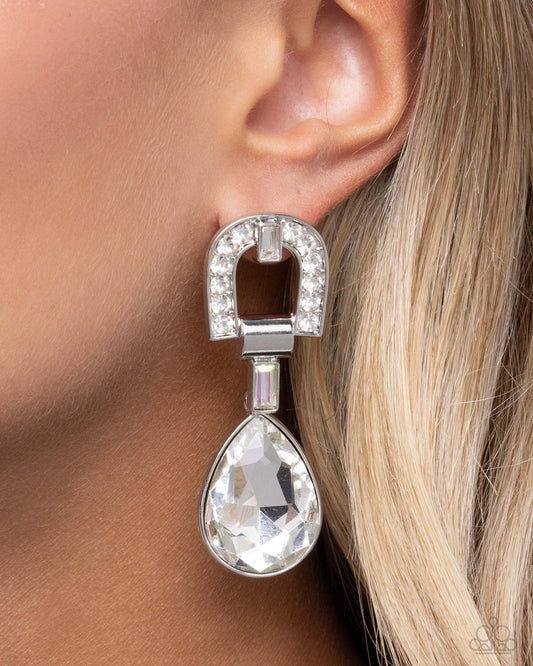 In ARCHING Order - White Emerald-Cut Gem & White Rhinestones Paparazzi Earrings
