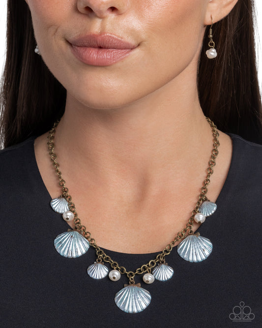Seashell Sophistication - Brass Chain/White Pearls/Blue Seashells Paparazzi Necklace & matching earrings