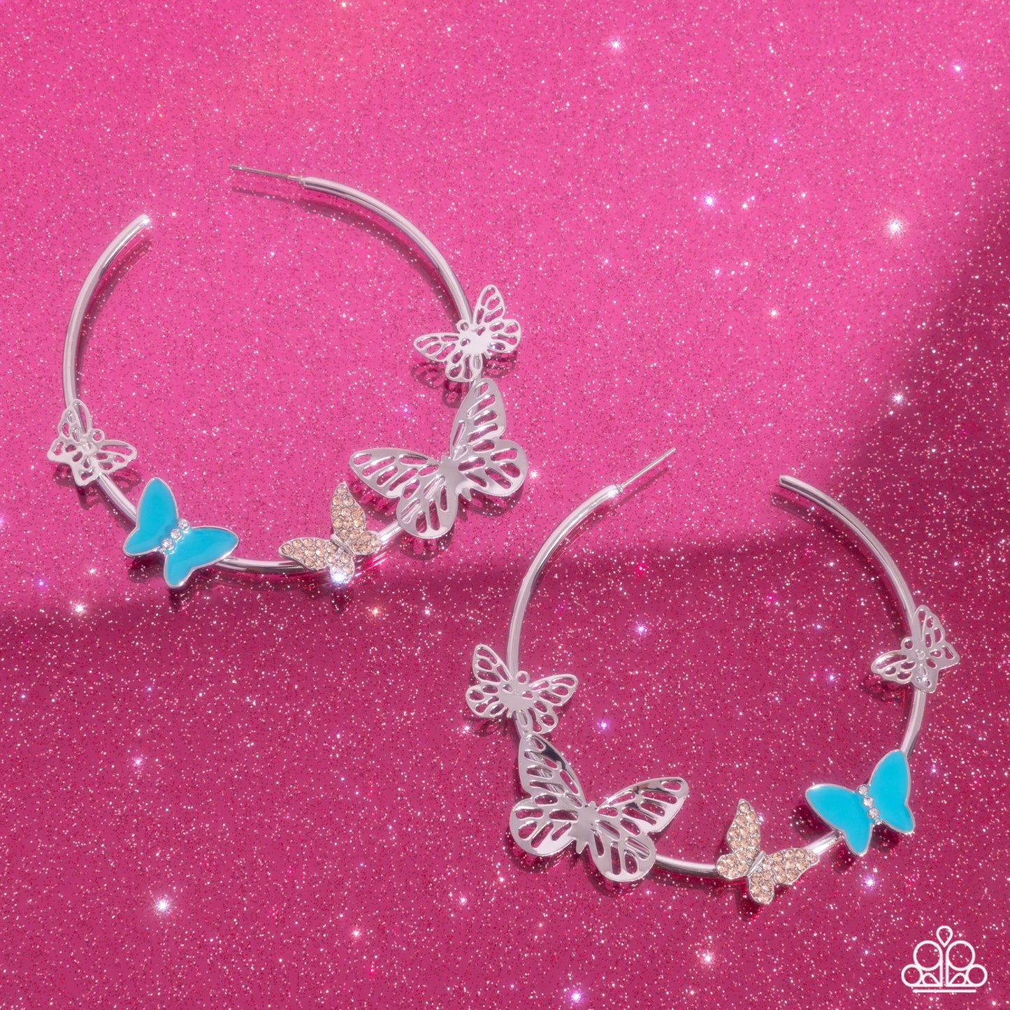 Aerial Allegiance - Multicolored Rhinestones/Blue Painted Silver Butterflies Paparazzi Hoop Earrings