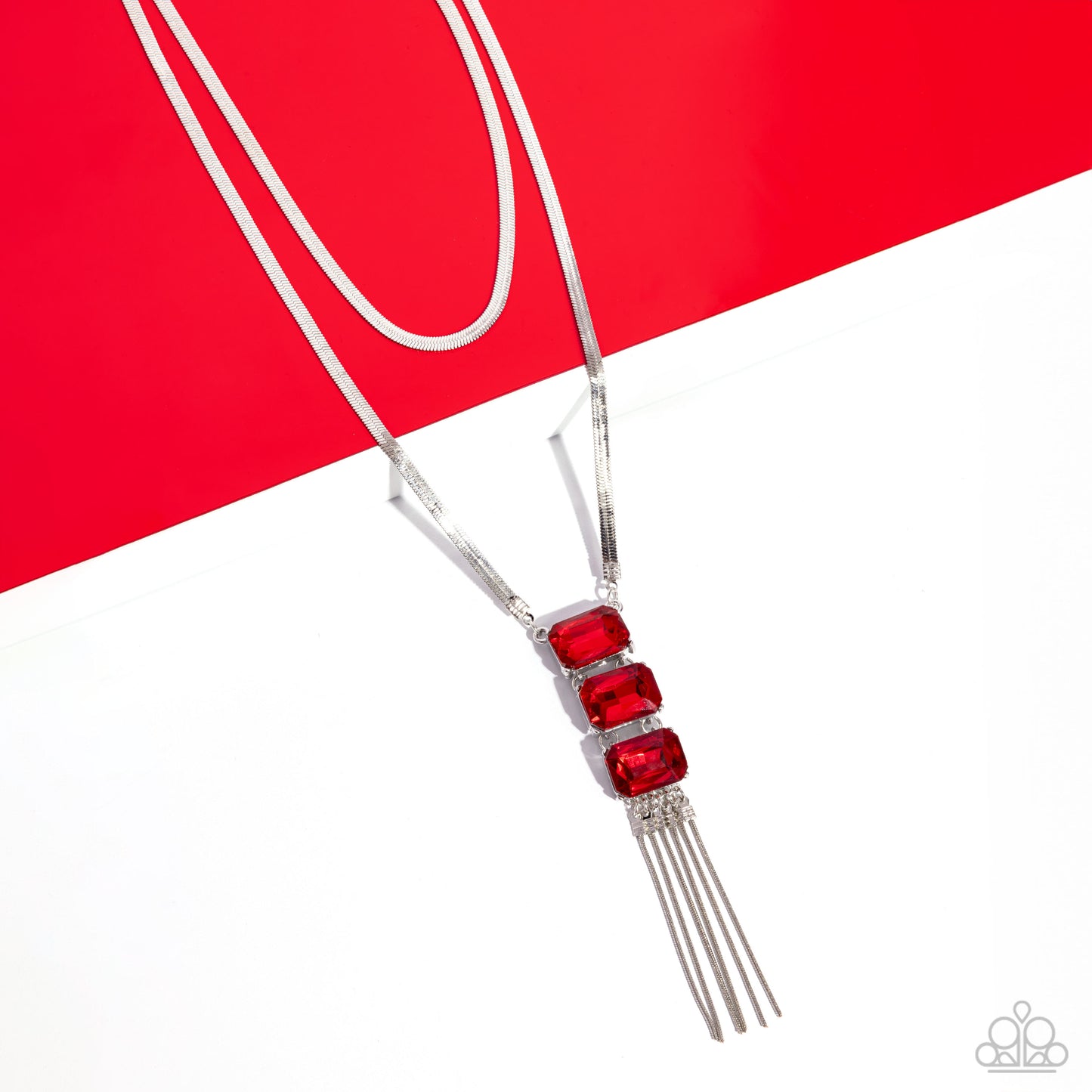 Passionate Pageantry - Red Faceted Gems/Silver Herringbone Chain Paparazzi Necklace & matching earrings