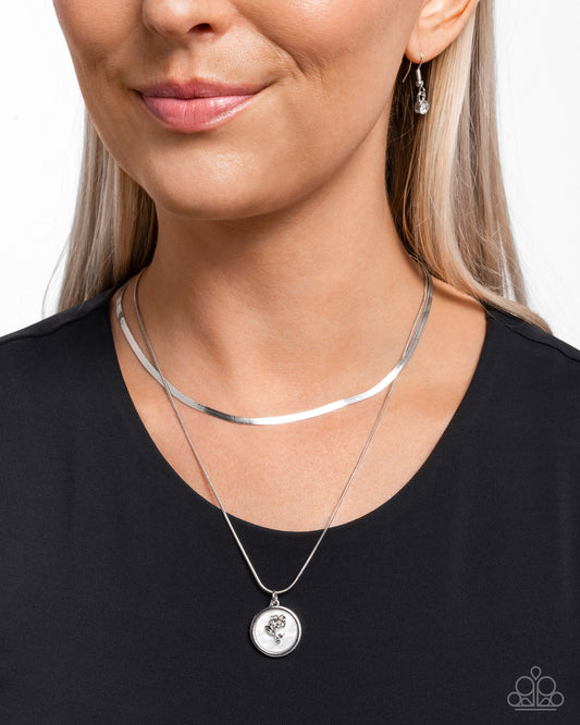 Garden Gallery - White Shell/Silver Rose Pendant Paparazzi Necklace & matching earrings