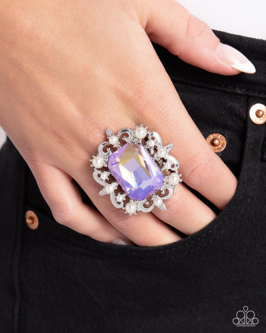 Framed Flourish - Purple UV Gem, White Pearls, & Silver Filigree Paparazzi Ring