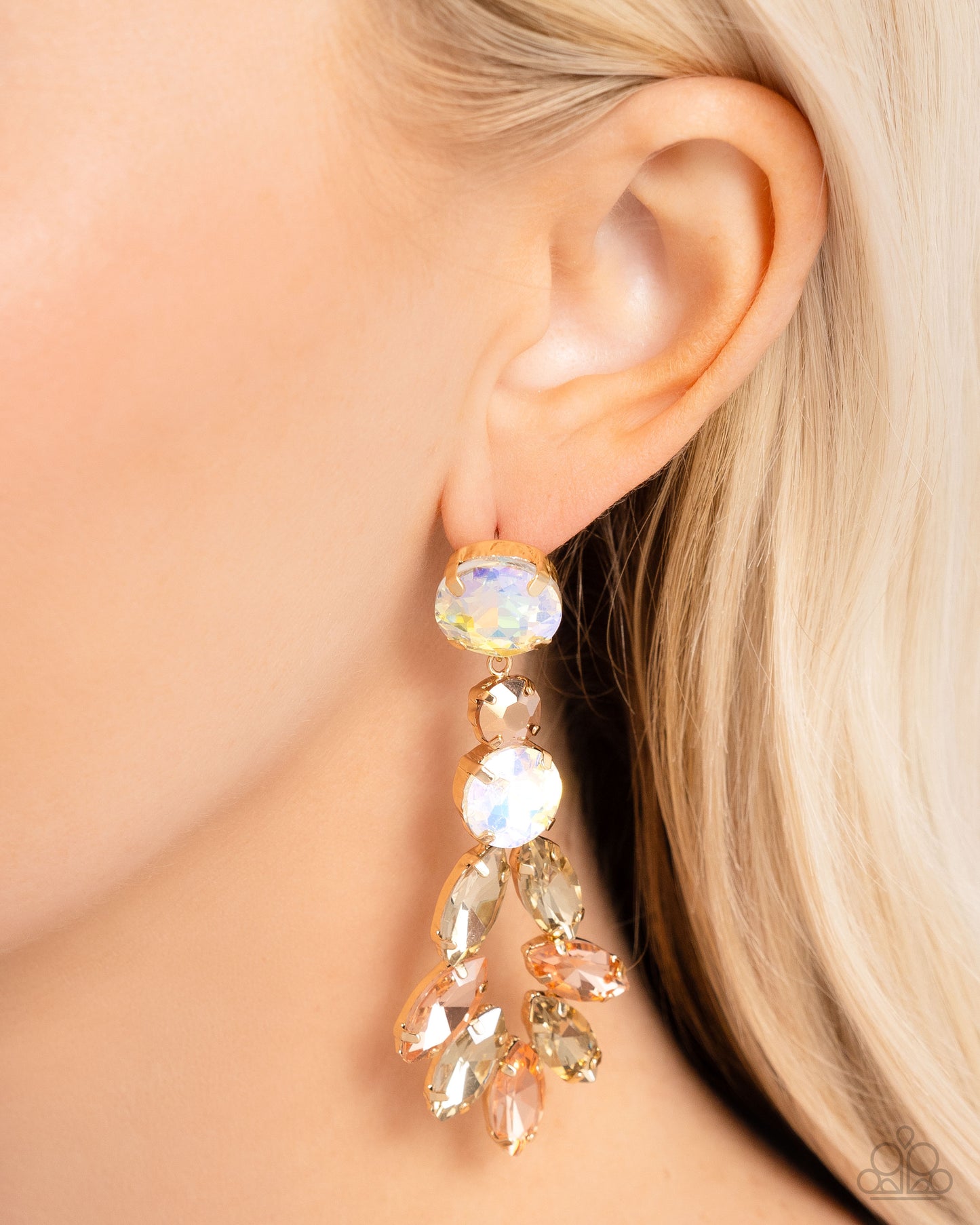 Cascading Cache - Gold Antiqued & UV Gems Paparazzi Earrings