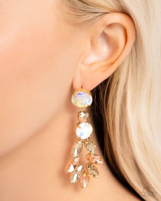 Cascading Cache - Gold Antiqued & UV Gems Paparazzi Earrings