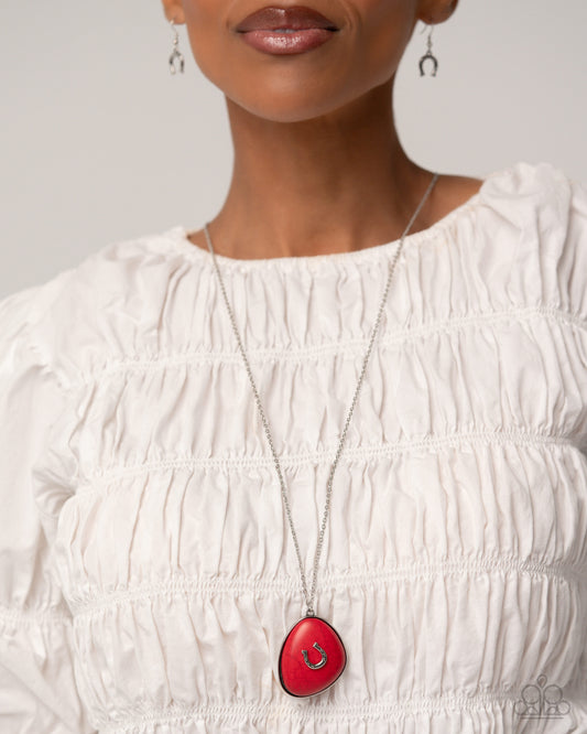 Horseshoe Hoedown - Red Abstract Stone/Silver Horseshoe Pendant Paparazzi Necklace & matching earrings