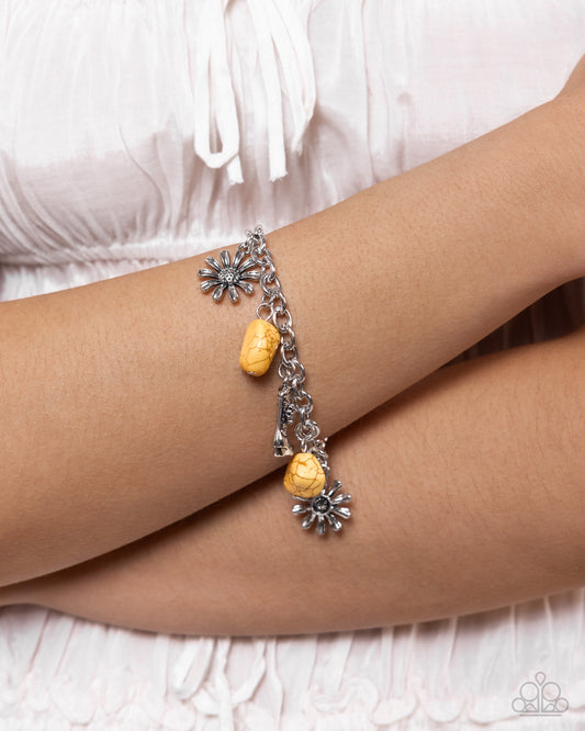 Badlands Beau - Yellow Stones, Silver Sunflowers, & Silver Cowboy Boot Charms Paparazzi Adjustable Bracelet