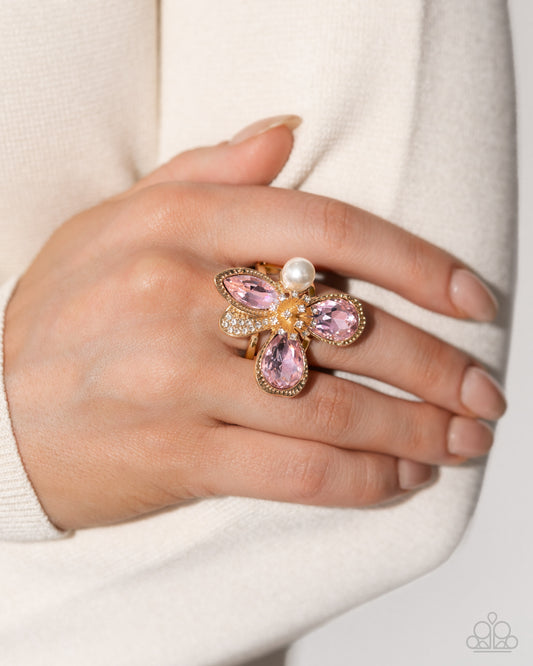 FLORAL Excellence - Pink Gems, White Rhinestone, & Abstract Gold Flower Paparazzi Ring